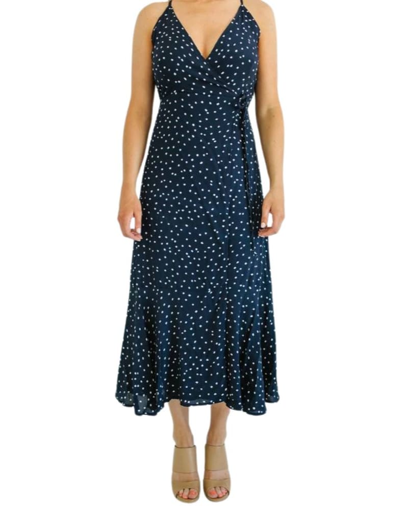 Front of a model wearing a size L That'S A Wrap Maxi Dress in Navy in Navy by RESET by Jane. | dia_product_style_image_id:346357